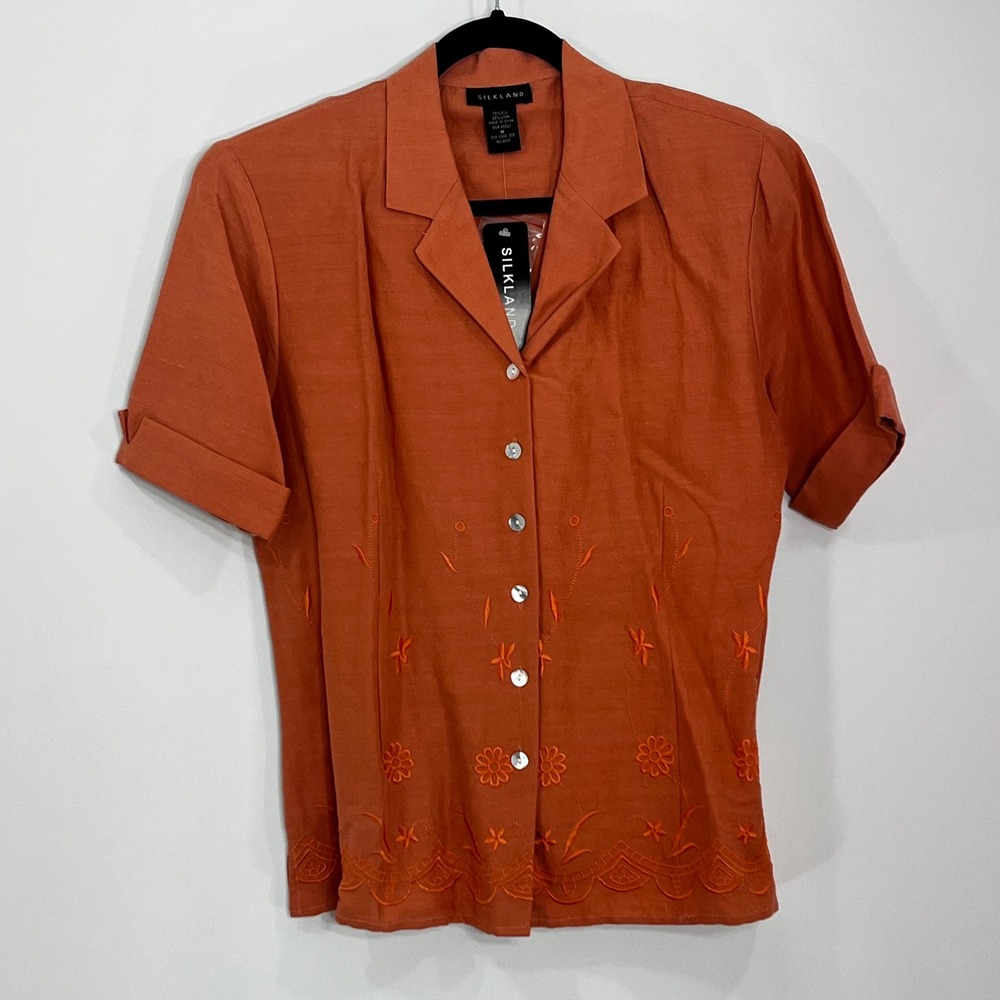 Silkland Silk Linen Embroidered Blouse Ripe Melon Orange Short Sleeve Top M NEW